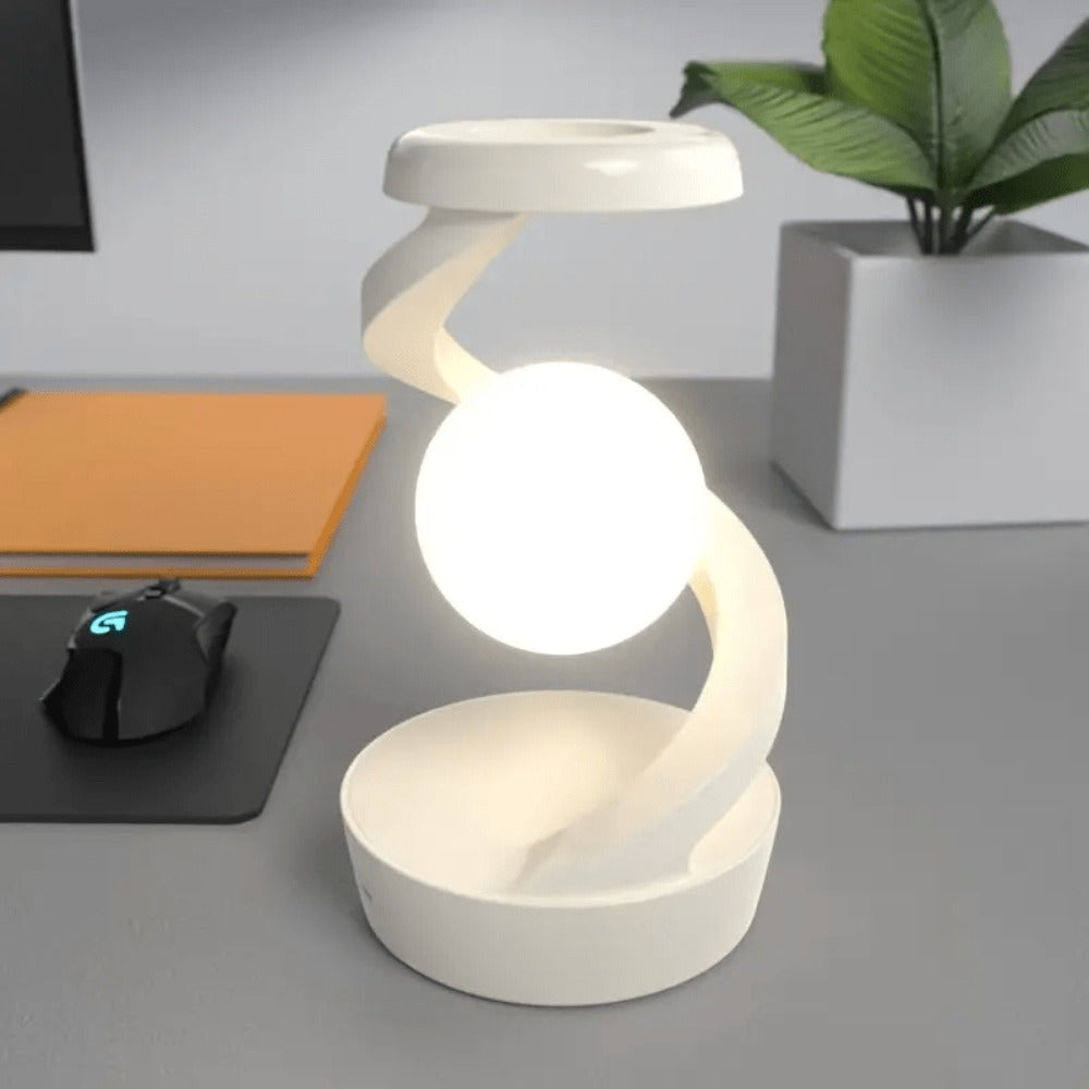 Floating Rotating Night Light with Wireless Charger – Smart Desktop Visual Levitating Lamp with Light Sensor, Hand Wave Control, Atmosphere Mood Light for Bedroom Office Party Decor, Gift (Grey/White)