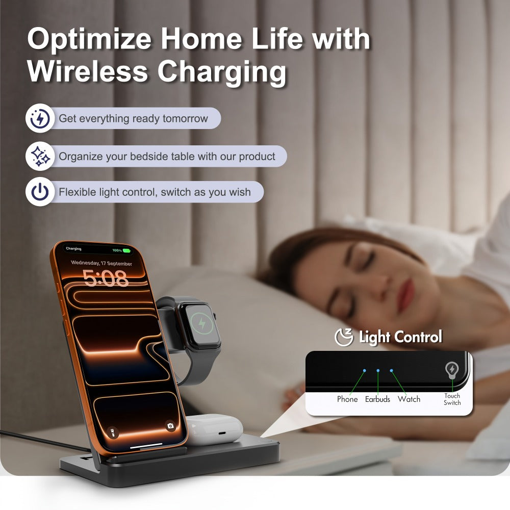 Vertical Horizontal Wireless Charging Station 3-in-1 Foldable 15W LED Indicator – Fast Charger for iPhone 17/16/15/14/13/12, Apple Watch Ultra 2/Series 10/9/8/7 & AirPods Pro 4/3/2 | Portrait Landscape Stand | Black & White