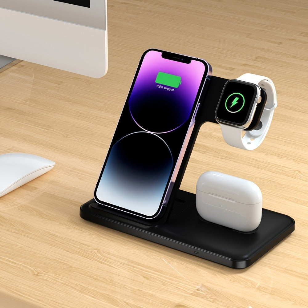 USB-C 3-in-1 Wireless Charging Station Upright Stand – Fast Charge Dock for iPhone 16 15 14 13 12 Pro Max, Apple Watch Ultra Series 10 9 8 7 SE & AirPods Pro 2 | Black & White