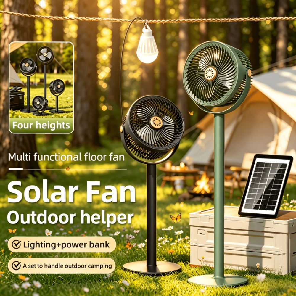 Solar Floor Fan 33-Inch Rechargeable 4000mAh USB Standing Fan Power Bank 2-in-1 360° Tilt 5-Speed 4-Height Adjustable for Indoor Outdoor Courtyard RV Camping