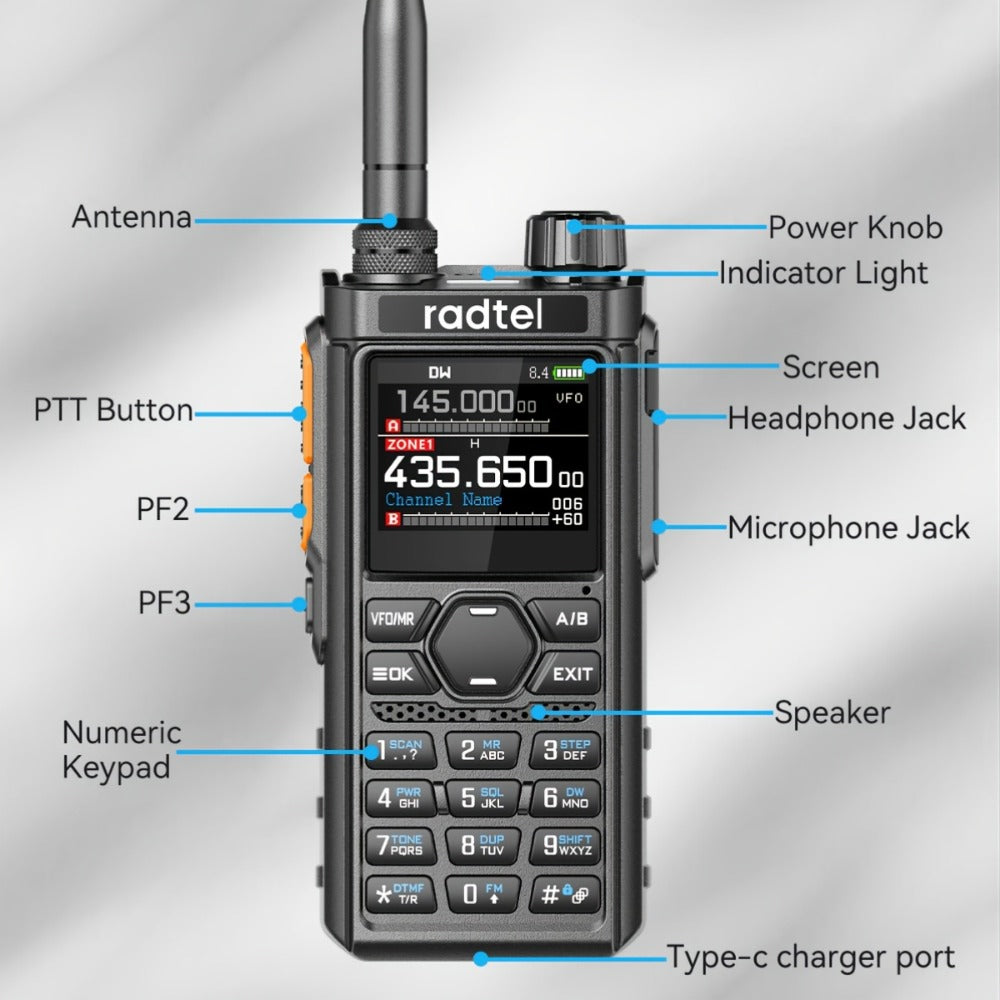 Tri-Band Ham Radio Handheld Walkie Talkie Radtel RT-910B, 6M VHF UHF Air Band Two-Way Radio, APP Programming, NOAA Weather Alert, 960 Memory Channels, USB-C Charging, Long Range Transceiver for Outdoor Camping Hiking Survival Aviation Enthusiasts