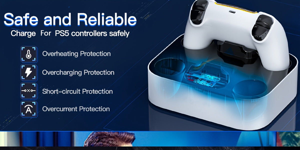 Safe Charging PS5 Controller Charging Station with Smart Chip – Dual Fast Charging Dock for DualSense & DualSense Edge, 2.5Hr Full Charge, Blue LED Indicator, Non-Slip Pad, Cable Included