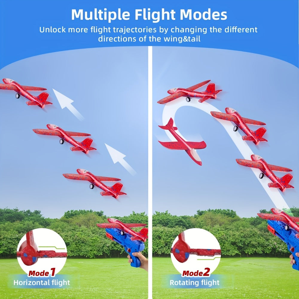 Foam Airplane Launcher Toy Set with 3 Foam Planes & Catapult, 2 Flight Modes for Outdoor Play