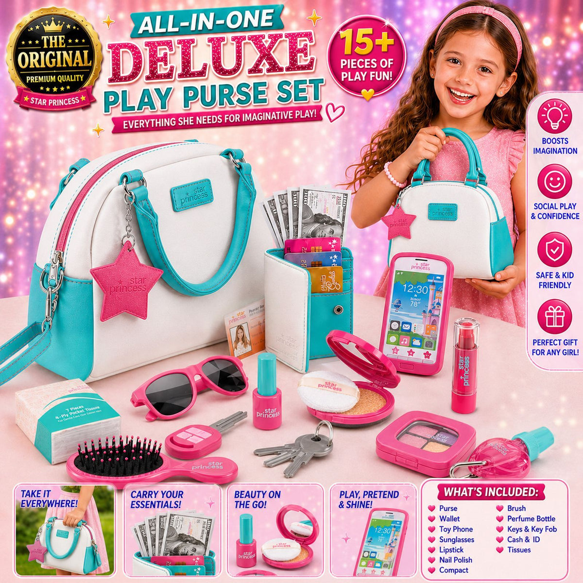 Pretend Play Purse Set, 18+ Pc Kids Handbag with Toy Phone, Wallet, Cards, Keys & Pretend Makeup