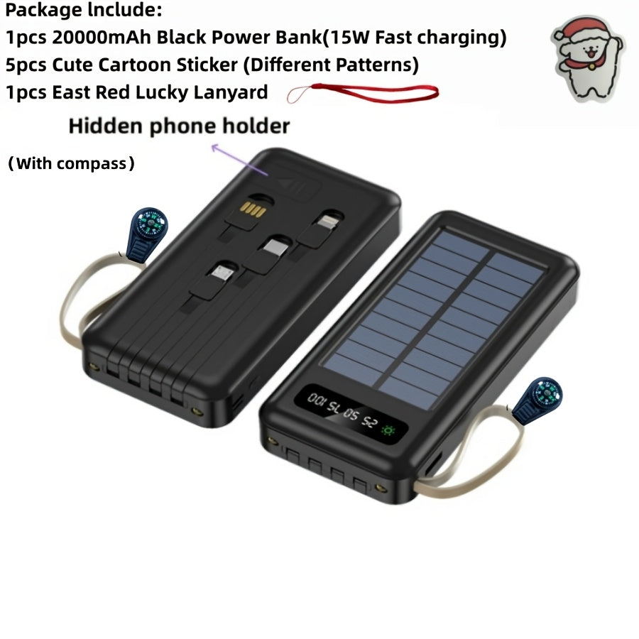Solar Power Bank with Built-in 4 Cables LED Flashlight 15W Fast Charging Digital Display Dual USB USB-C Portable Charger 10000mAh 20000mAh 30000mAh for iPhone Android Camping Hiking