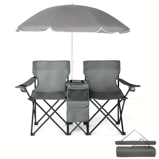 Two-Seat Folding Chair with Removable Umbrella, Steel Frame and Oxford Fabric