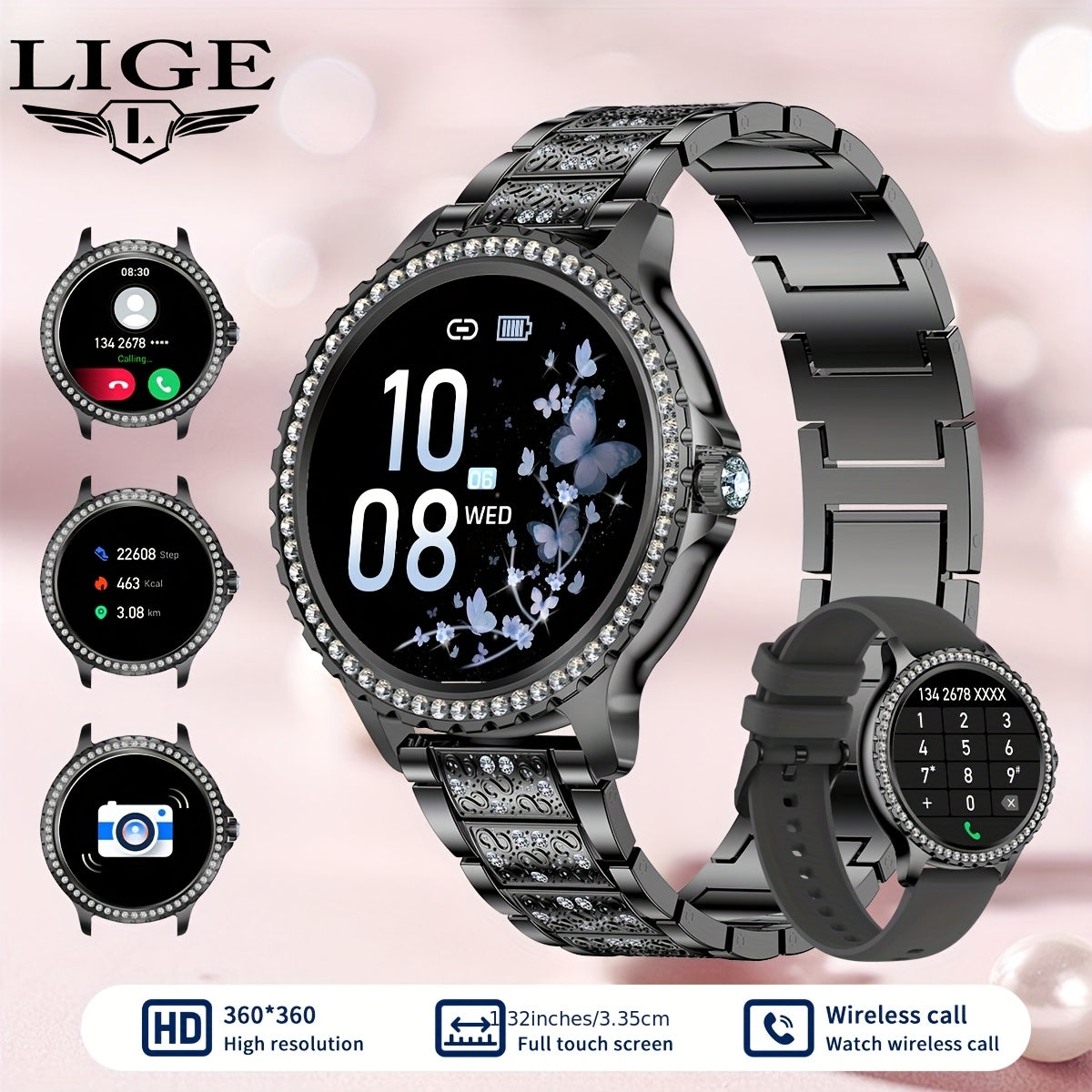 Elegant Smartwatch for Women Exclusive Watch Dials – 1.32" HD Screen Wireless Calling Fitness Tracker 20 Sports Modes Compatible with iPhone Android Gold Silver Black Gift for Her