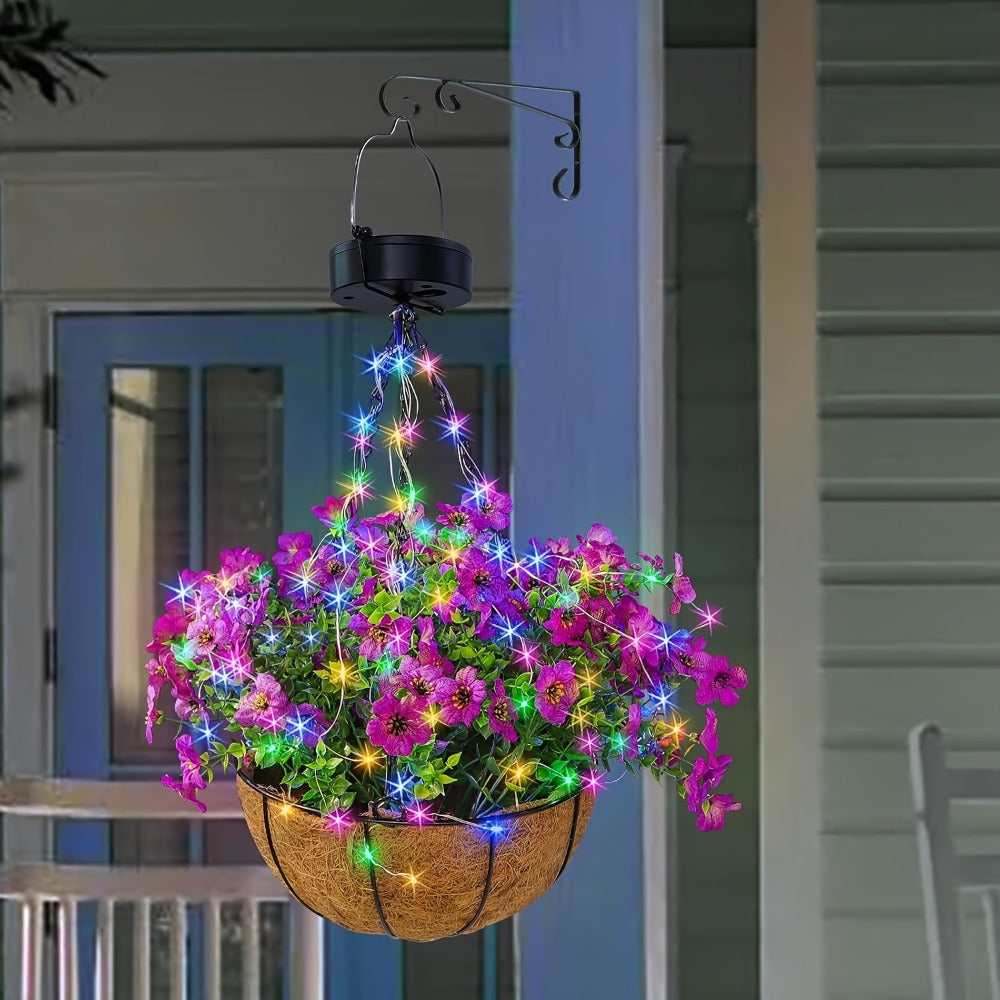 Solar Hanging Flower Basket with RGB String Lights – 10 Inch Artificial Flowers, Dusk-to-Dawn Auto On, Waterproof Outdoor Decor for Patio, Garden, Balcony & Front Porch | Pink Purple Orange