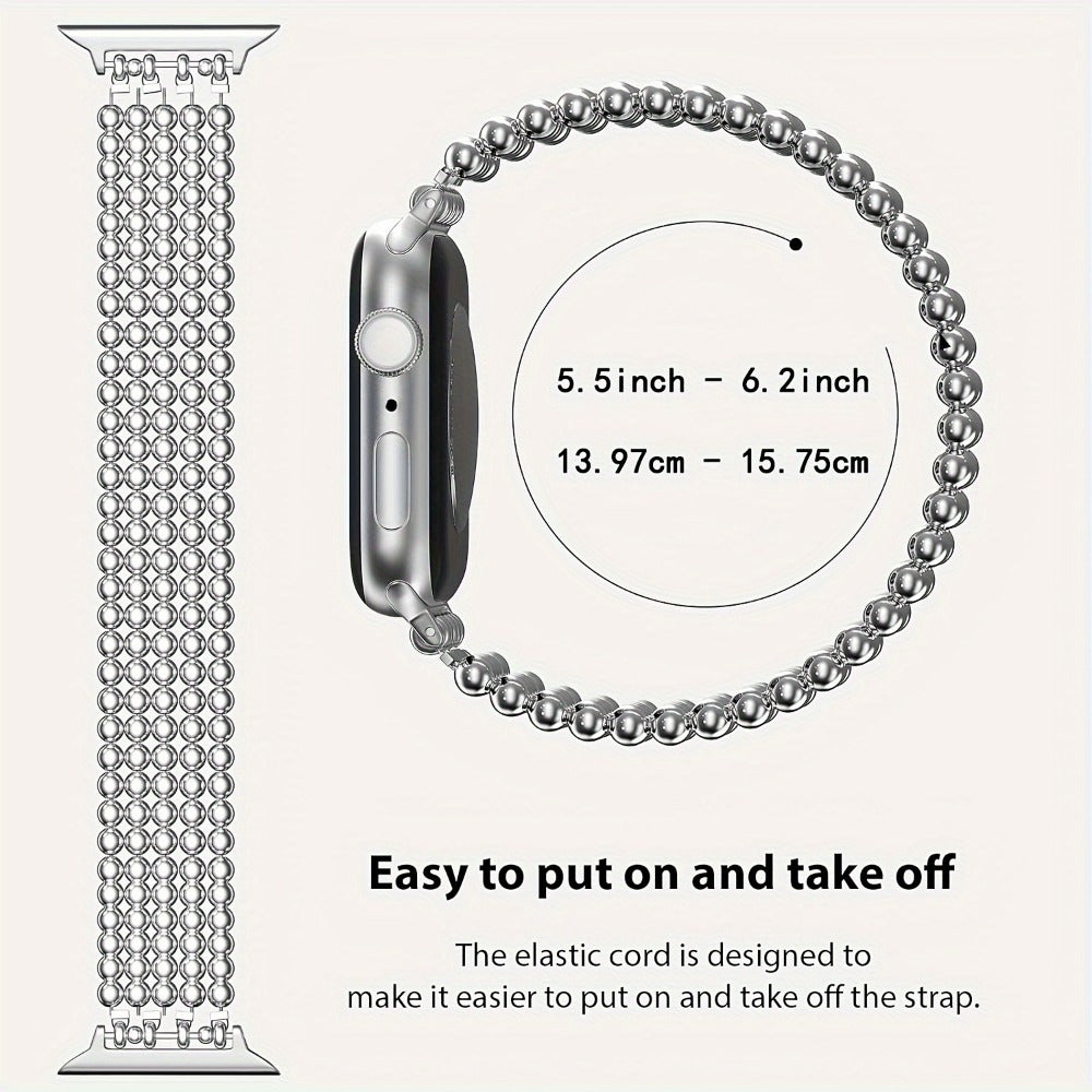 Stainless Steel Beaded Apple Watch Band Handmade Elastic Stretch Bracelet No-Buckle Slip-On Strap for Series 1-11 SE Ultra 38mm 40mm 41mm 42mm 44mm 45mm 46mm Women Girls Silver Rose Gold Silvery Grey