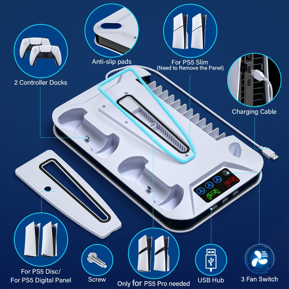 PS5 Pro Slim Cooling Station with Controller Charging Station for PS5/Slim/Pro Standard & Disc/Digital Console, Stand Cooler Accessories with Cooling Fan, 3 USB Hubs, Headset Holder & Screw Included