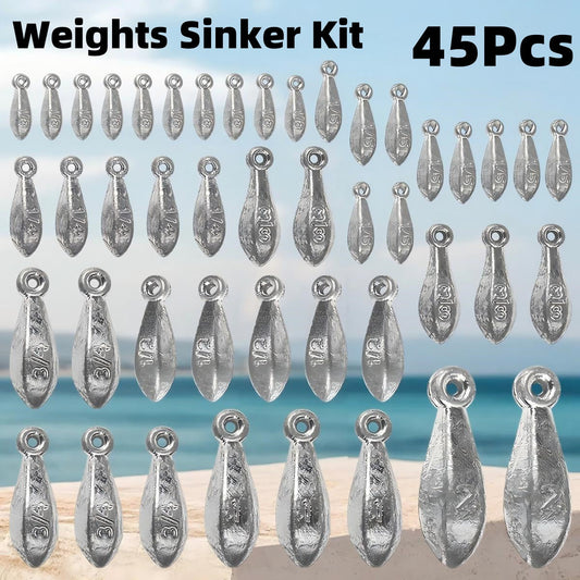 Fishing Sinker Weights Kit, 45 Pieces in 8 Sizes from 1/8 oz to 2 oz