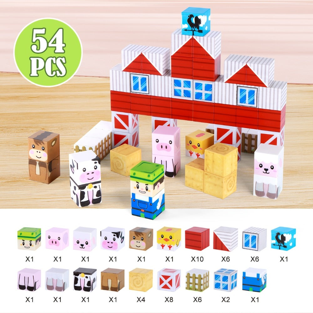 54-Piece Farm Animal Magnetic Block Set with Farmer Theme Play