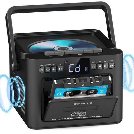 Portable Boombox CD Player with Cassette Tape, FM Radio & MP3 Player, HiFi Stereo Speaker System, 5000mAh Rechargeable Battery, USB AUX TF Card Playback, Retro All-in-One Audio System Gift