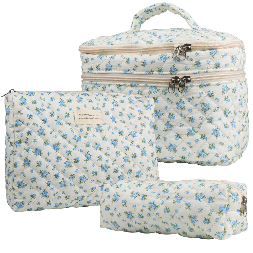 Quilted Floral Makeup Bag Set 3PCS Large Capacity Dual Layer Cotton Cosmetic Bags Coquette Aesthetic Travel Toiletry Organizer Gift for Women Girls Blue Rose Pink