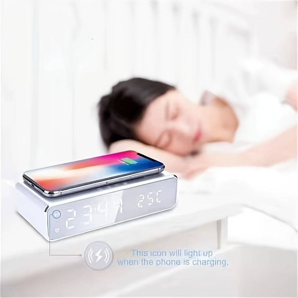 Alarm Clock Wireless Charger with Thermometer 3-in-1 LED Fast Charging Pad for iPhone & Android – 3 Alarms, 12/24H Display, Celsius/Fahrenheit, Power Saving Mode | Bedside Nightstand & Desk Gadget | Black & Silver