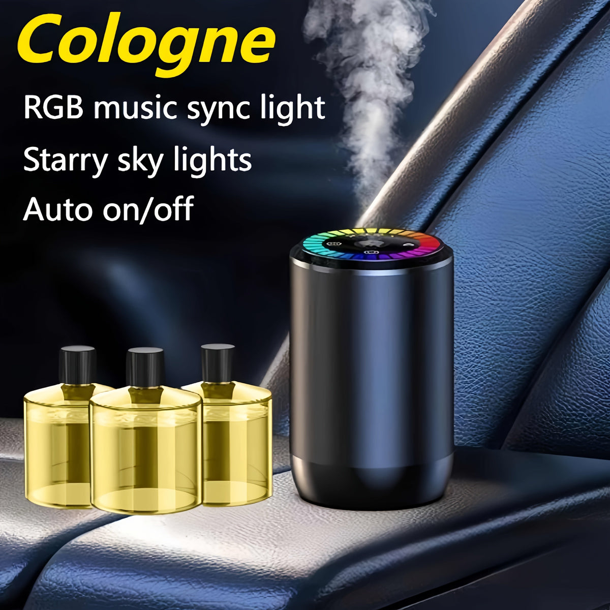 Car Air Freshener Aromatherapy Diffuser with Starry Sky Light Show, USB Rechargeable, Adjustable Fragrance – Natural Essential Oil Scents (Lavender, Ocean, Cologne, Gardenia)