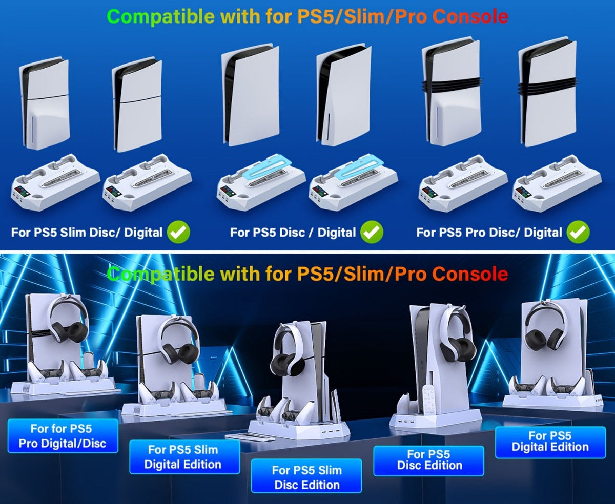 PS5 Cooling Charging Station 5-in-1 with Turbo Fan, Dual Controller Charger, 3-Port USB Hub & Headset Holder – Compatible with PlayStation 5 Slim Pro Standard Disc Digital Edition, 19-Inch USB Cable, Christmas Gift