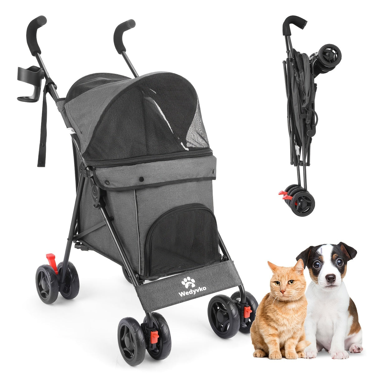Pet Stroller for Small Dogs & Cats | Foldable Travel Dog Stroller, Portable Puppy Cat Pram with 4 Wheels, Canopy & Storage Basket, Lightweight Jogger Stroller for Pets Up to 33 lbs, 5 Colors