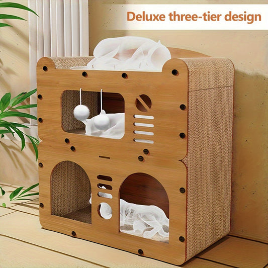 Cat Condo with Scratching Boards, Hanging Balls and Top Perch, Two or Three Levels