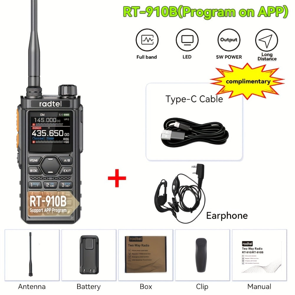 Tri-Band Ham Radio Handheld Walkie Talkie Radtel RT-910B, 6M VHF UHF Air Band Two-Way Radio, APP Programming, NOAA Weather Alert, 960 Memory Channels, USB-C Charging, Long Range Transceiver for Outdoor Camping Hiking Survival Aviation Enthusiasts