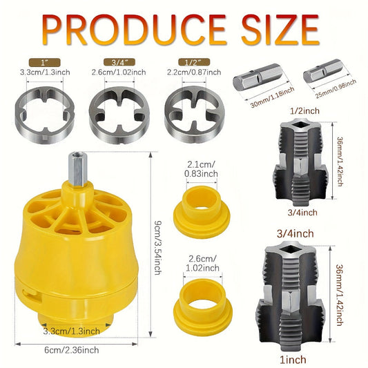 Pipe Threading Set for Power Drills, 9- or 13-Piece Options for 1/2-, 3/4- & 1-Inch Pipes