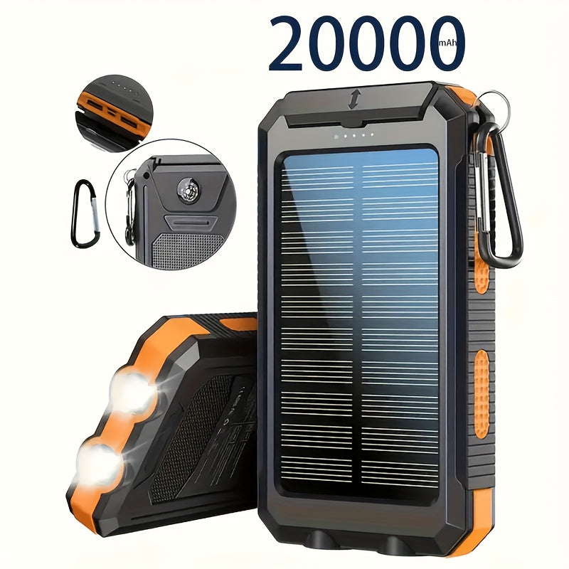 20000mAh Solar Power Bank with Built-In Flashlight & Compass – Dual USB Portable Charger for Camping Hiking Emergency Survival Outdoor Use, Compatible with All Mobile Devices, iPhone Android Samsung