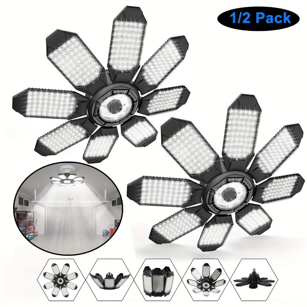 LED Garage Lights 25000LM Deformable – 250W Equivalent E26/E27 Screw-In Ceiling Shop Light with 6+1 / 8+1 Adjustable Panels for Garage, Basement, Attic & Warehouse (1, 2 or 4-Pack)