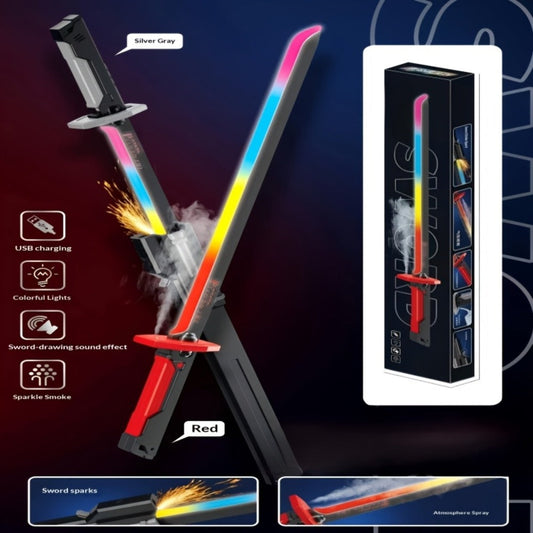 LED Light Katana Sword 31.5", Spark-on-Draw Luminous Saber with Sound Effects, Type-C Rechargeable Cosplay Prop