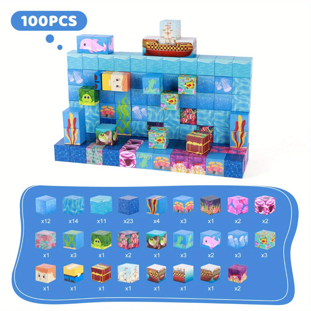 Ocean Adventure Magnetic Building Blocks, 54 or 100 Pieces, 3D Sea Theme Magnet Tiles for Ages 3+