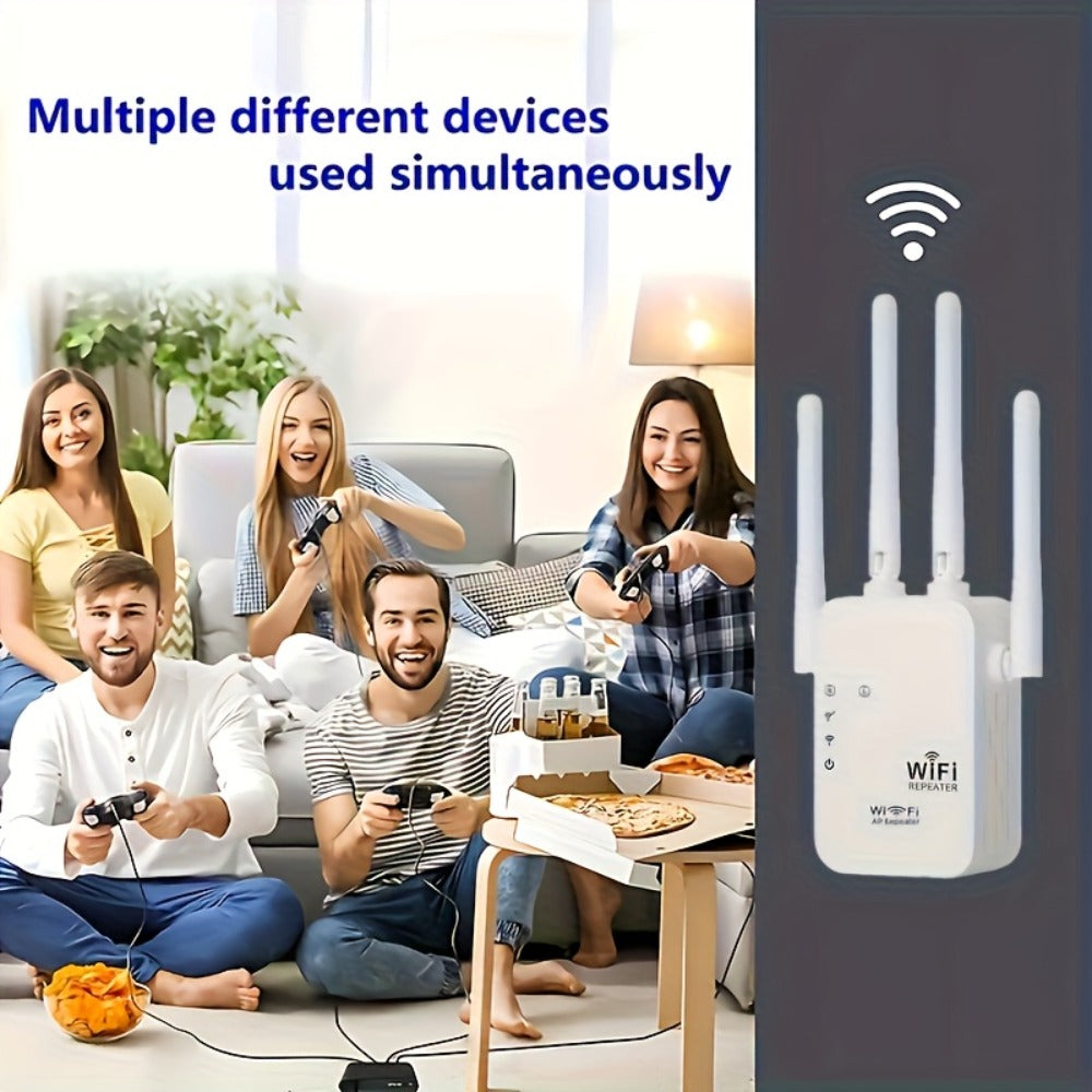 WiFi Extender 1300Mbps Dual Band AP & Relay Mode - 4 Powerful Antennas Full House Coverage, Ethernet Port, Eliminates Dead Zones, for Home Office Gaming Streaming, White Black