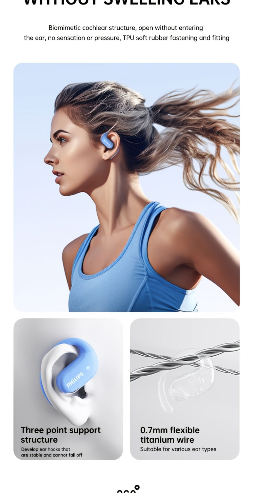 Philips TAT2739 Open Air Earbuds Wireless Bluetooth 5.3 Ear Hook Headphones with Wireless Charging Case – Non In-Ear Open-Back Design, Type-C, Tech Gift for Men Women