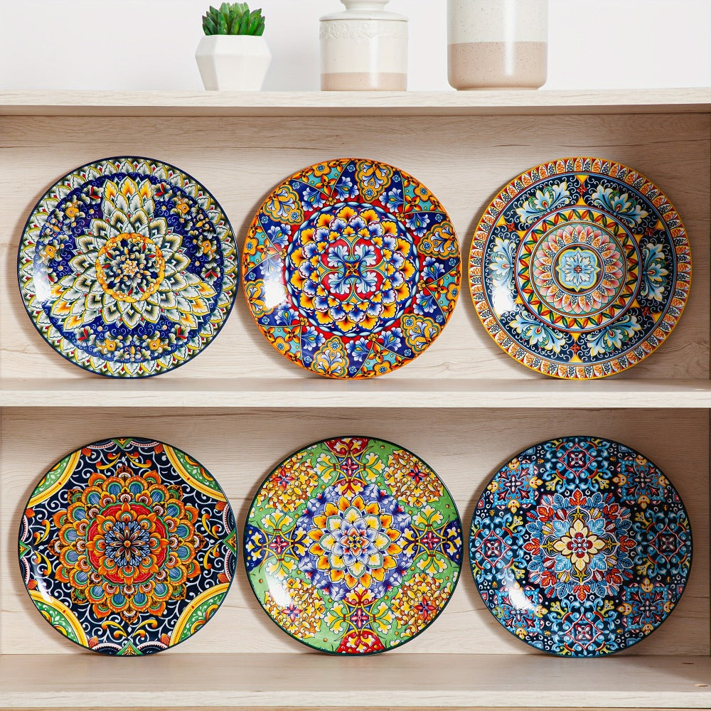 Bohemian Dinner Plates Set of 6 – 10.5 Inch Colorful Stoneware Plate Set Microwave Dishwasher Safe Scratch Resistant Porcelain Dinnerware for Home Restaurant Cafe Boho Kitchen Decor Gift