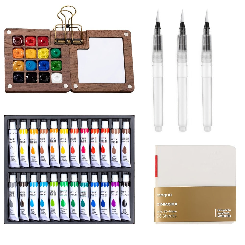 Portable Watercolor Paint Set 24 Colors with 15-Grid Palette 3 Brushes and 6 Accessories Pocket Painting Kit for Outdoor Sketching Travel Artists Kids Adults
