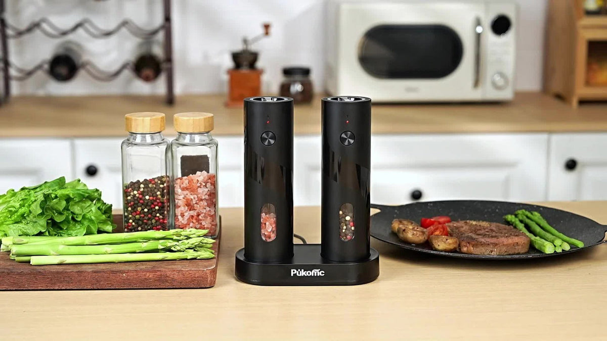 Electric Pepper Grinder Set USB-C Rechargeable with LED Light Ceramic Core Adjustable Coarseness One-Hand Automatic Salt Pepper Mill Kitchen Gift for Home Cooking Camping BBQ