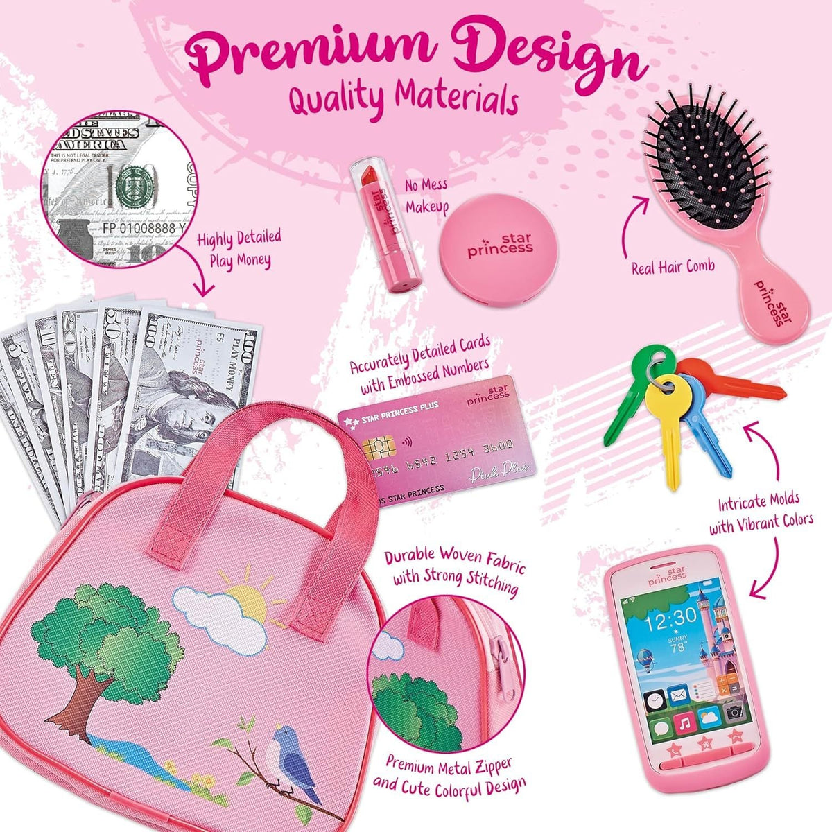 Kids Pretend Play Purse Set with Toy Phone, Keys and Makeup Accessories