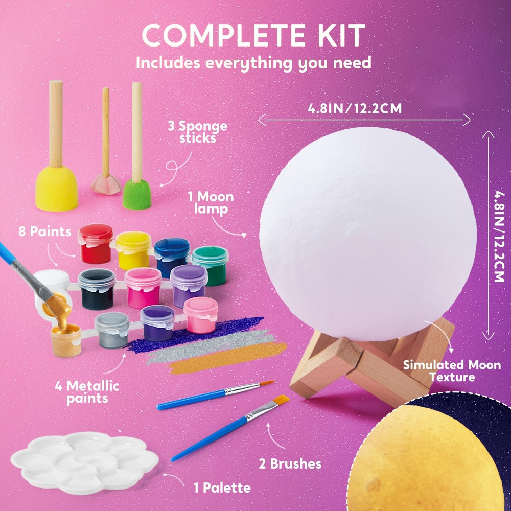 DIY Moon Lamp Craft Kit for Kids Paint Your Own 3D Moon Night Light with 12 Paints 4 Metallic Colors 2 Brushes Wooden Base Arts and Crafts Gift for Girls Boys Ages 6+ Birthday Christmas