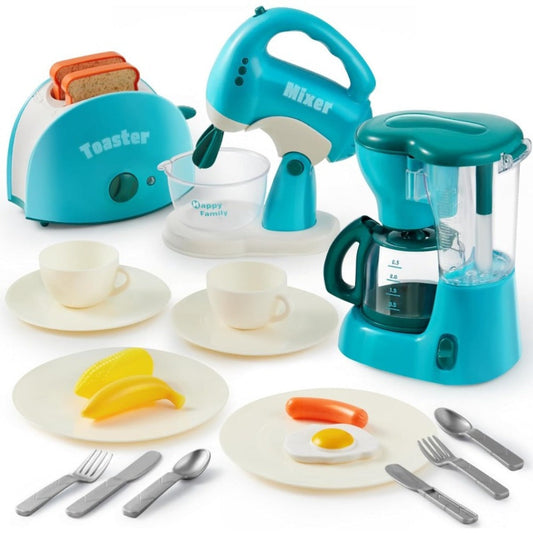 Kids Play Kitchen Toy Set – Pretend Coffee Maker, Pop-Up Toaster & Blender with Play Food and Dishes