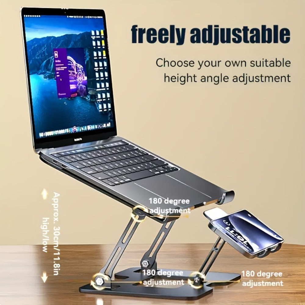 2-in-1 Laptop Stand with Phone Holder, Ergonomic Adjustable Computer Stand with Heat Dissipation, Foldable Desk Riser for 10-16 Inch Laptops, Home Office Use