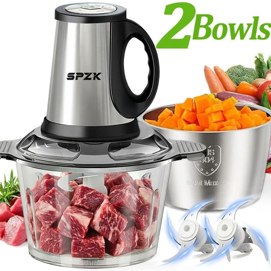 Electric Food Chopper with 2 Bowls and 2 Blades for Meat, Vegetables and Garlic