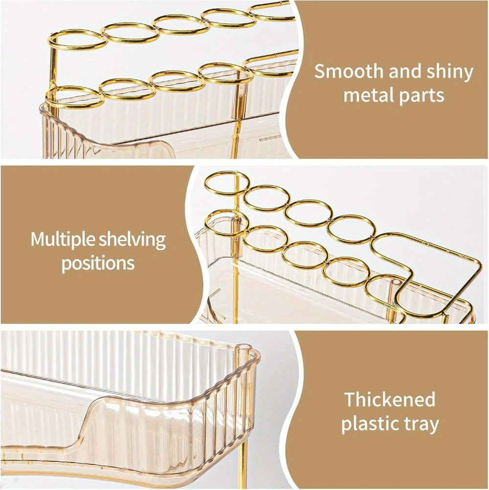 Bathroom Corner Shelf Organizer 2-in-1 Tiered Makeup Skincare Storage with Brush Holder No-Tool Install Space-Saving Countertop Vanity Dresser Kitchen Organizer Women