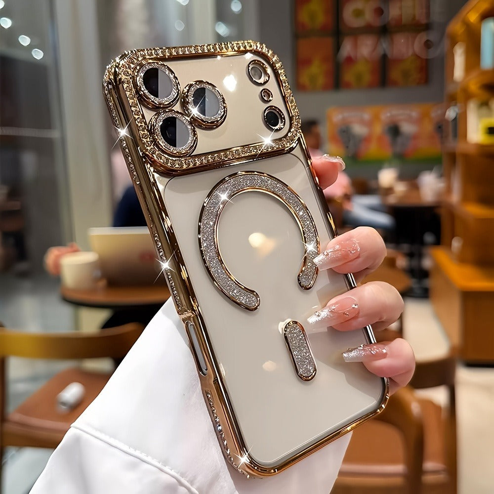 Diamond Side Magnetic iPhone Case for iPhone 17 16 15 14 13 Pro Max Plus Air 16e – Luxury Rhinestone Shiny Electroplated Wireless Charging Supported Protective Cover