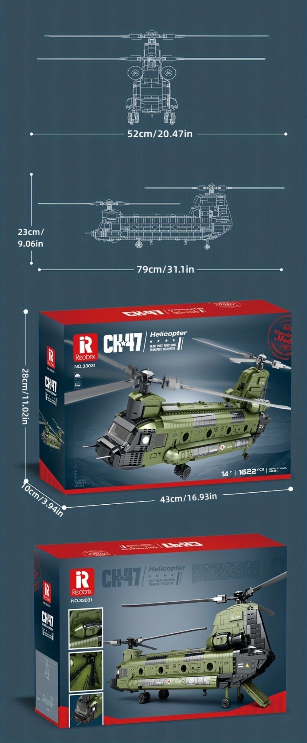CH-47 Chinook Helicopter Building Set, 1,622-Piece MOC Model