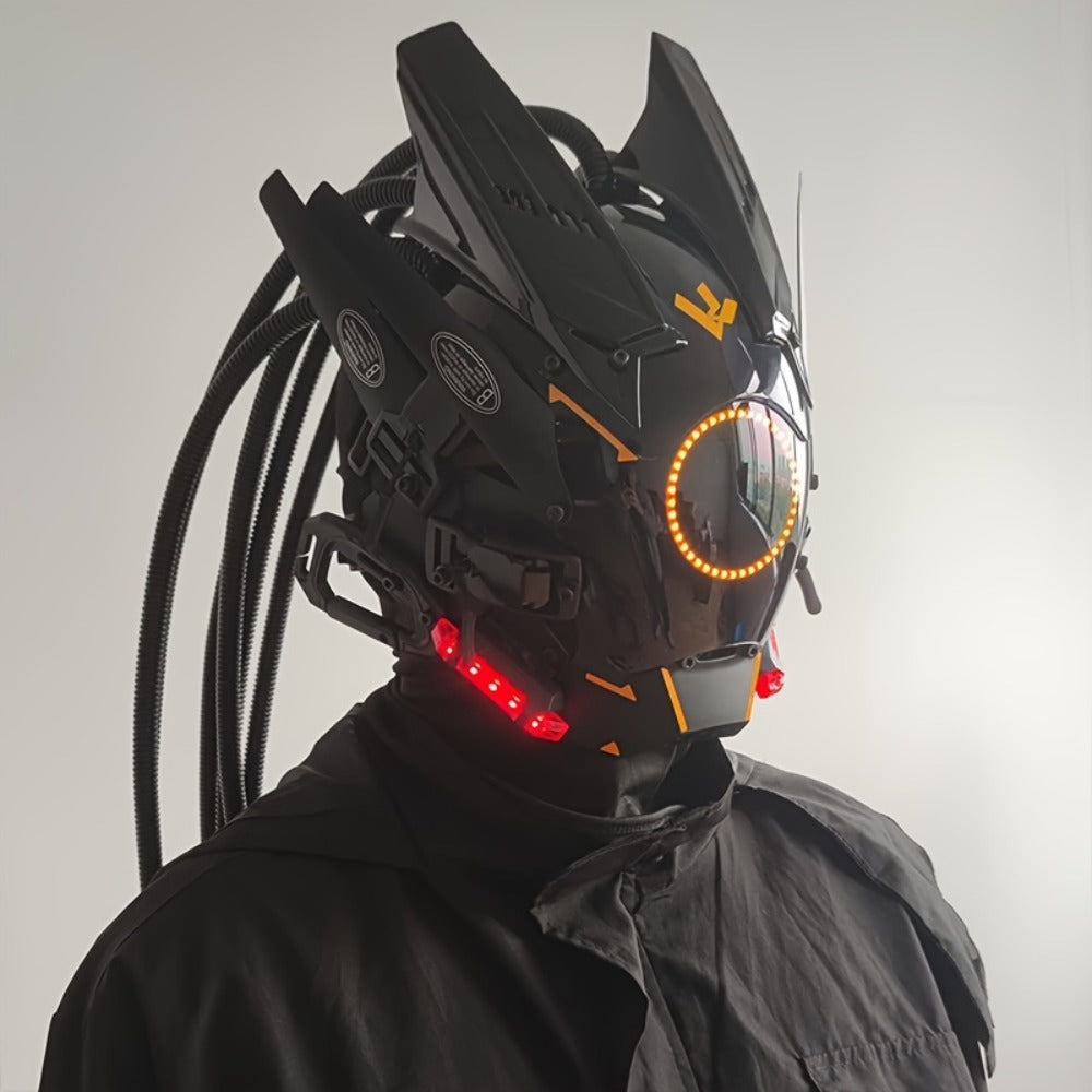 LED Punk Mask with Tubular Braids & Helmet – Futuristic Sci-Fi Mechanical Cosplay Mask for Halloween, Rave Music Festival & Party, Blue Green Pink, Handmade TPU PC Unisex Adult Costume Prop