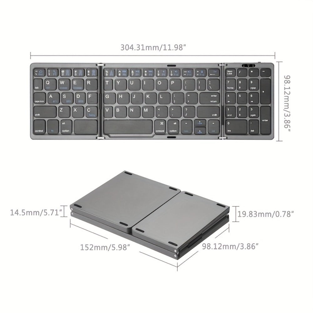 Foldable Bluetooth Keyboard with Numeric Keypad Triple Fold BT5.1 3-Device Multi-Switch USB-C Rechargeable Portable Wireless Keyboard for iPhone iPad Android Tablet Windows Mac Grey