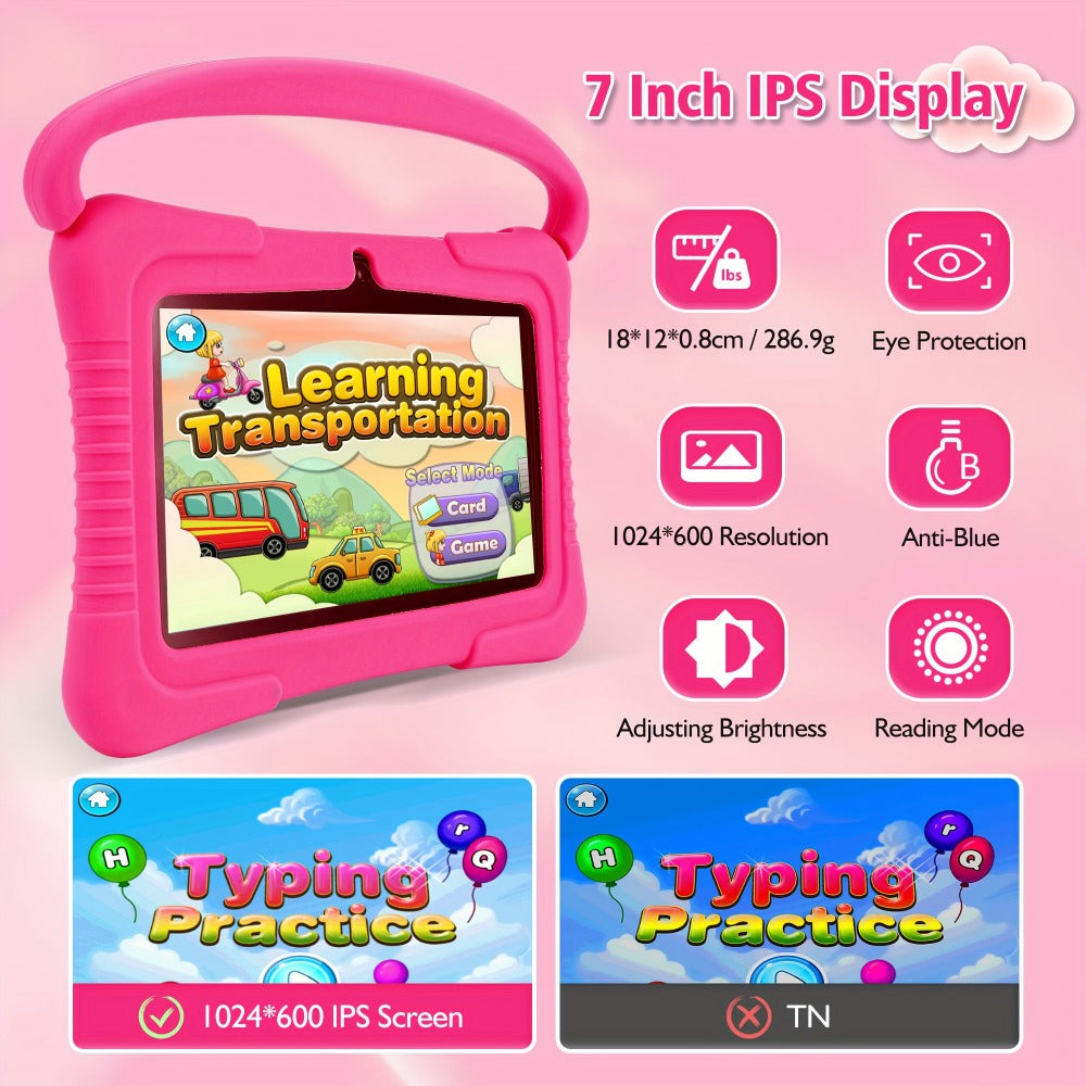 Veidoo Kids Tablet 7 Inch Eye Protection Screen 2GB RAM 32GB ROM Android WiFi Dual Camera Parental Control Educational Games Drop-Proof Silicone Cover Children Learning Tablet Pink Blue