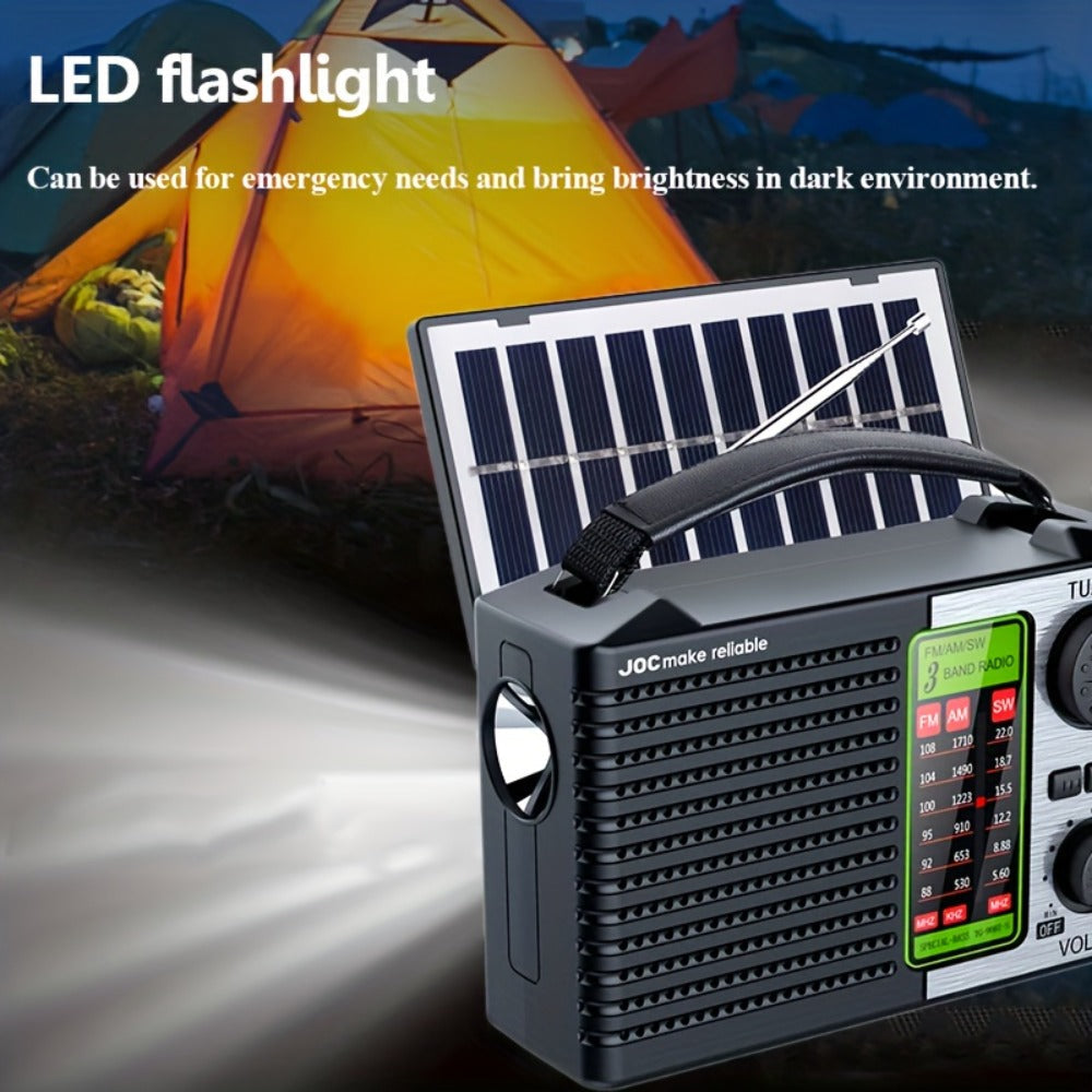 Emergency Solar Hand Crank Radio 5-in-1 with Dual Speaker, FM AM SW VHF, MP3 USB TF Card Player, 180° Foldable Solar Panel, LED Flashlight, Portable for Camping Power Outages Survival