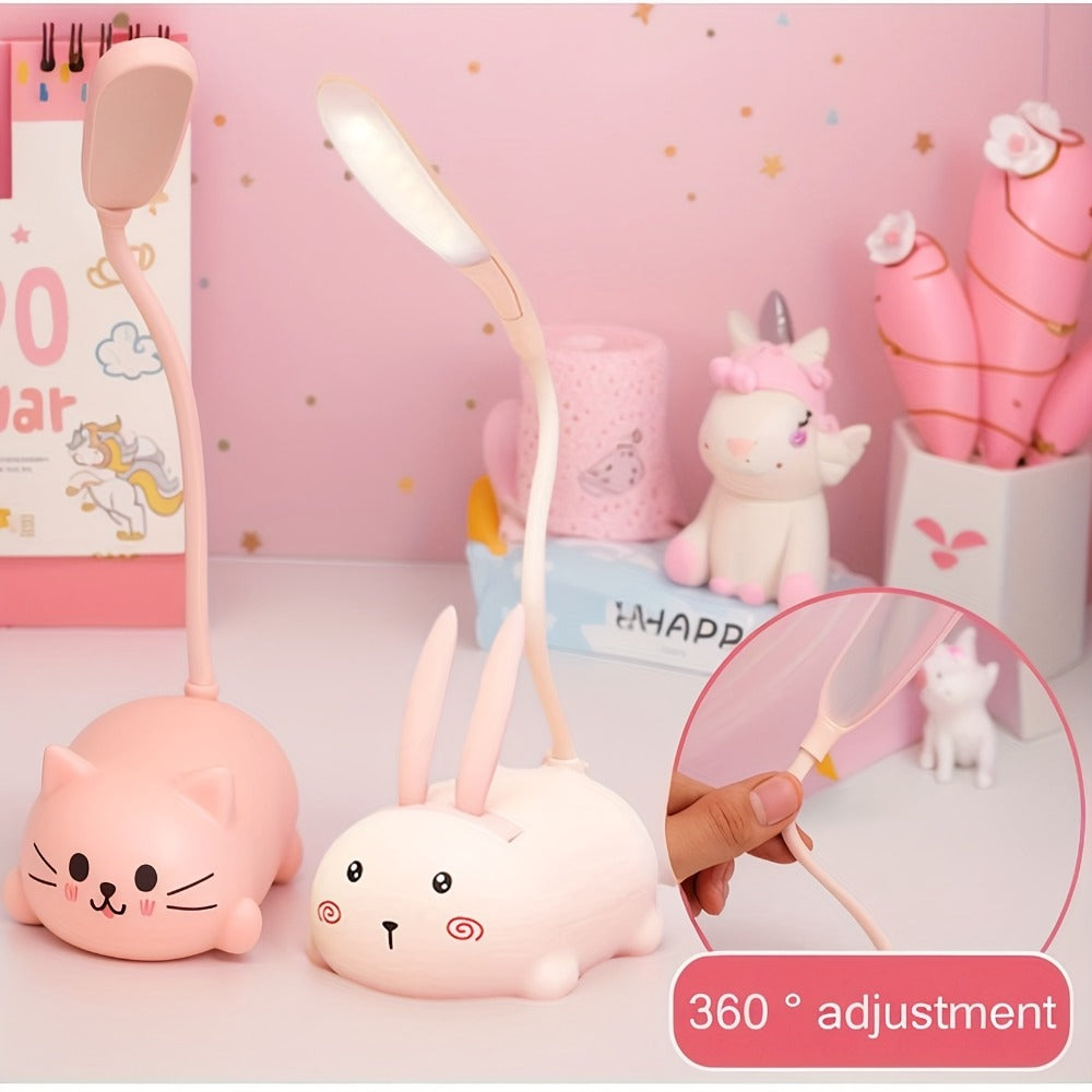 Cute Animal LED Night Light – Mini Cartoon Table Lamp, Foldable USB Rechargeable, Portable Desk Reading Light for Bedroom Kids Room, Blue Bunny Cat Styles, Kawaii Room Decor Lamp