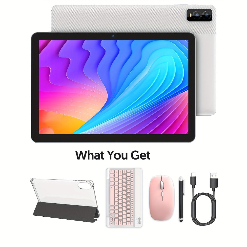 10 Inch Android 14 Tablet 8GB RAM 32GB ROM 1TB Expandable Octa-Core 1280x800 IPS Touch Screen Dual Camera WiFi 2-in-1 Tablet PC with Optional Keyboard Mouse Case & Stylus – White