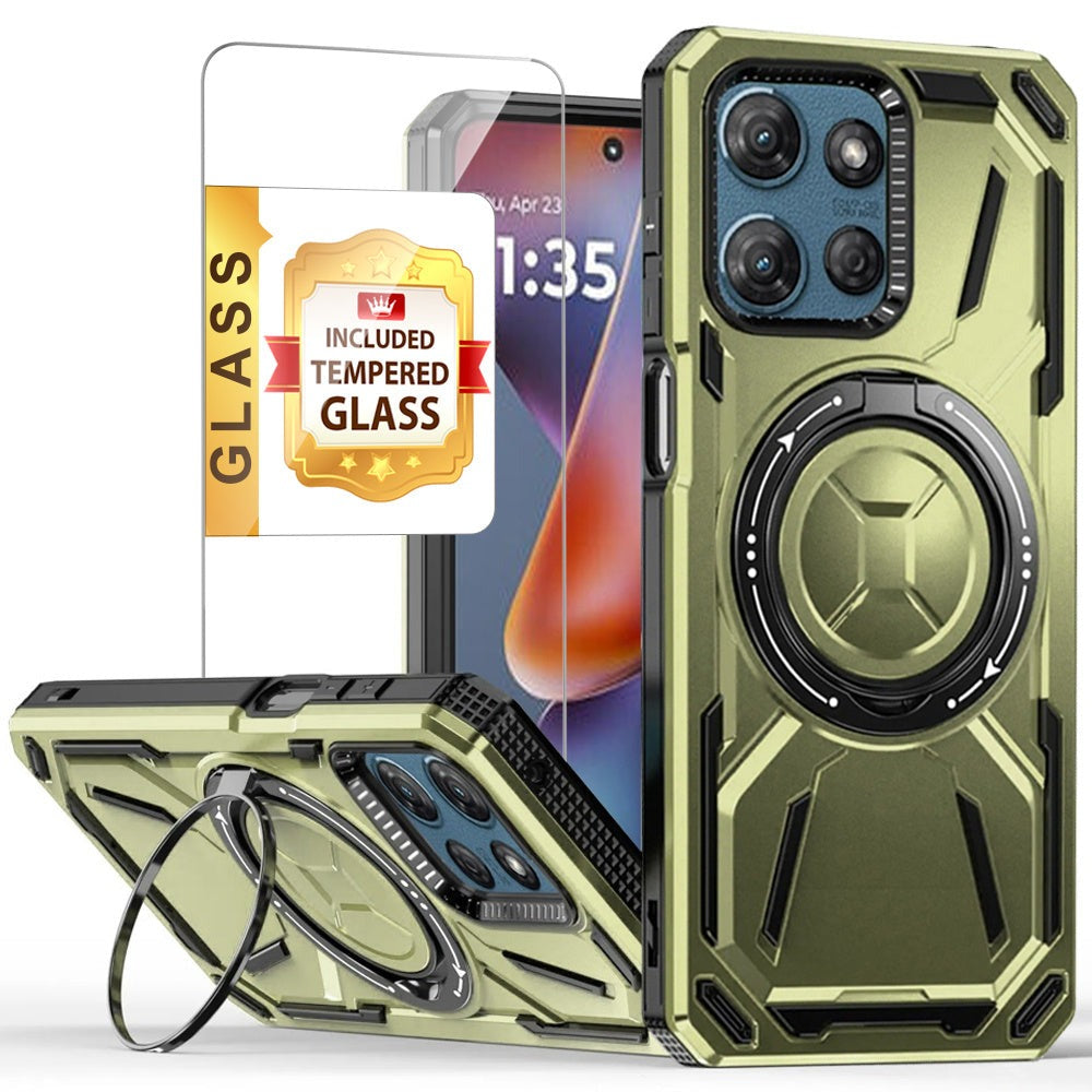 Moto G Power 5G 2025 Case with Tempered Glass Screen Protector & Magnetic Ring Stand 360° Rotatable Kickstand – Shockproof Wireless Charging Compatible Protective Cover for Motorola Moto G Power 5G 2025