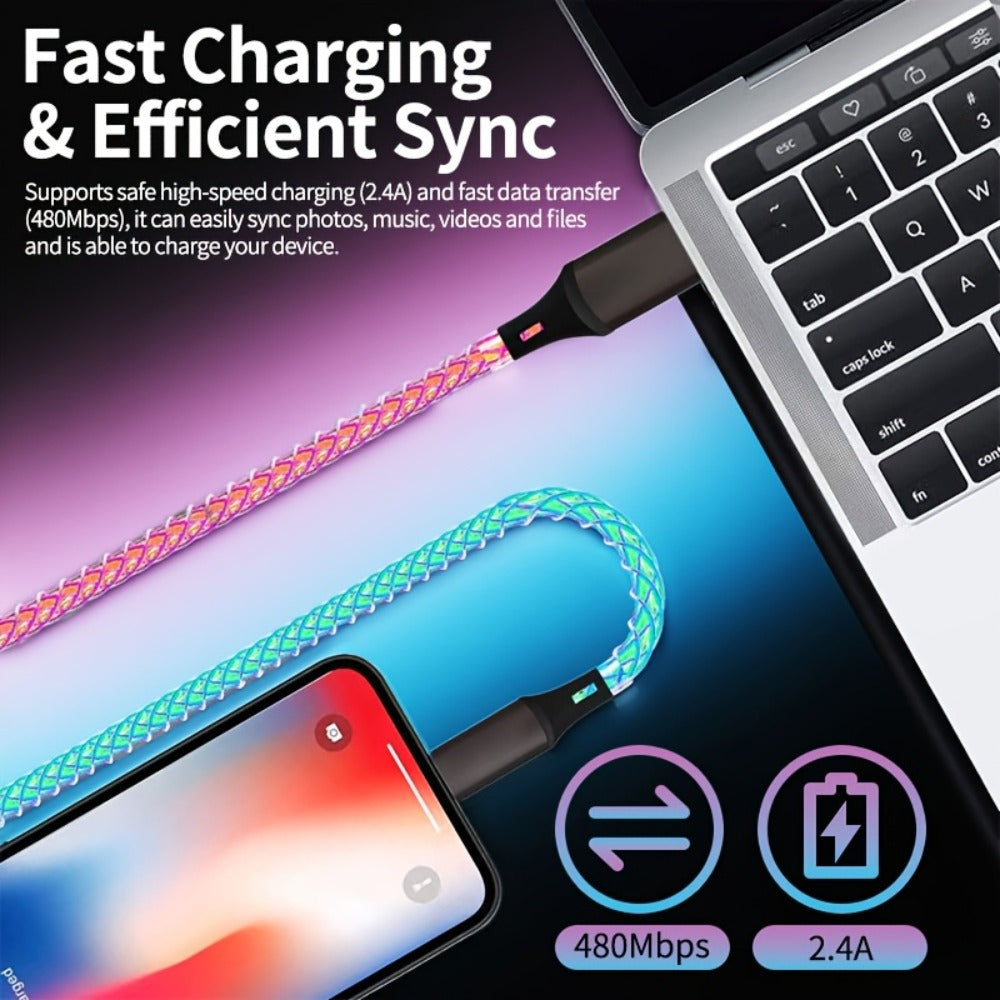 3-in-1 Braided Charging Cable with LED RGB Light, Universal Multi Charger Cord with Lightning, USB-C and Micro USB, Compatible with iPhone, Samsung, Android, iPad and Most Phones